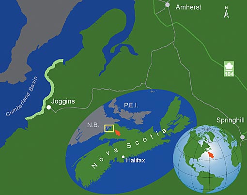Locator map highlighting the exposed fossil cliffs along the Bay of Fundy’s Cumberland Basin, where Joggins is located in Nova Scotia, and where Nova Scotia is on the globe.