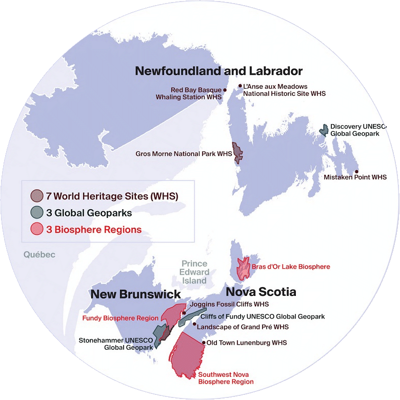 map of UNESCO World Heritage Sites, Global Geoparks, and Biosphere Regions in Atlantic Canada